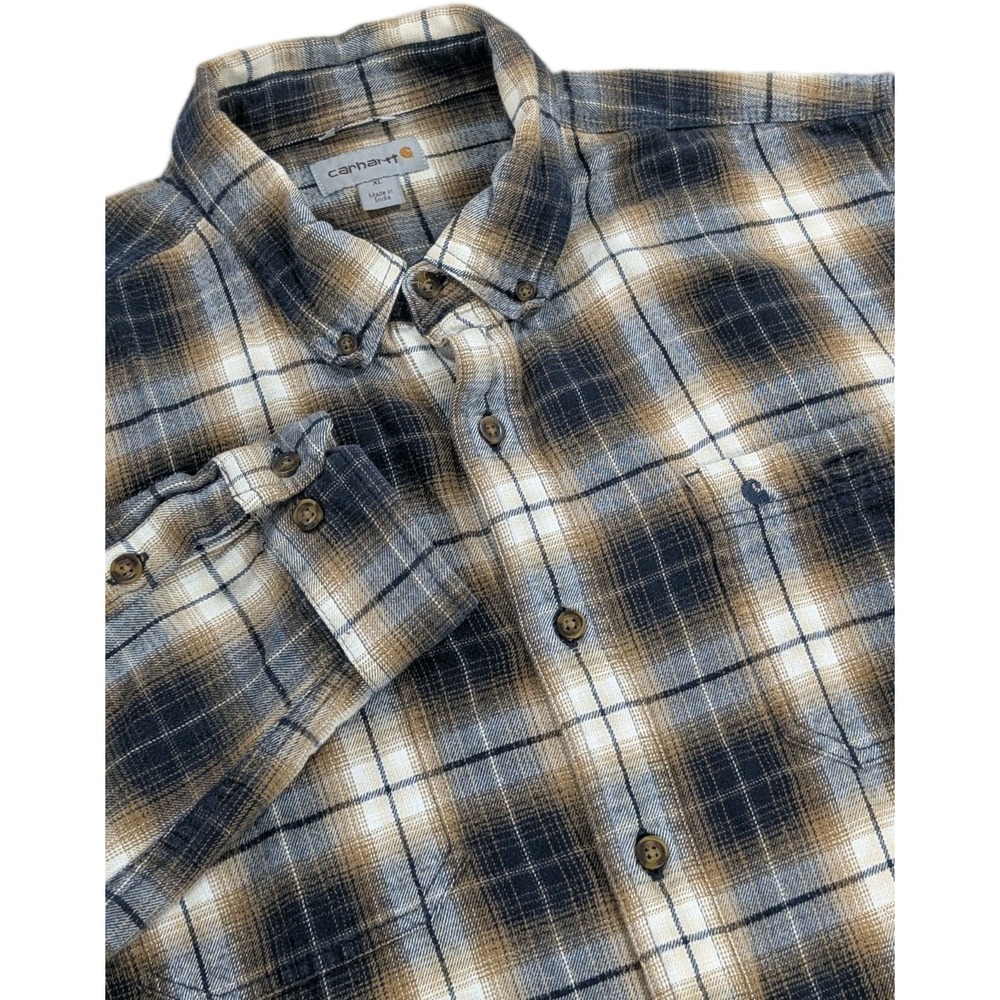 Carhartt Flannel Shirt Mens XL Relaxed Fit Navy Brown Shadow Plaid Button-Down